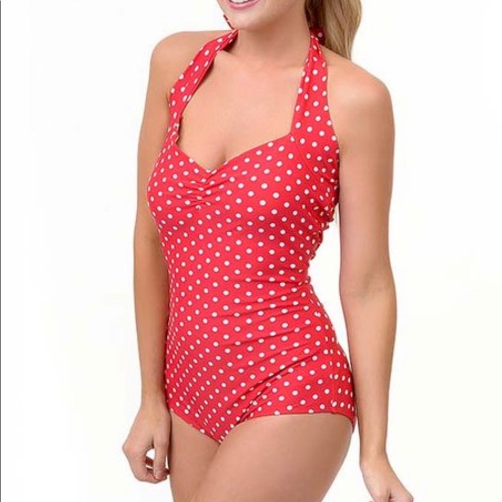 Red Dolly Swimwear XL  Pinup Retro Red White F